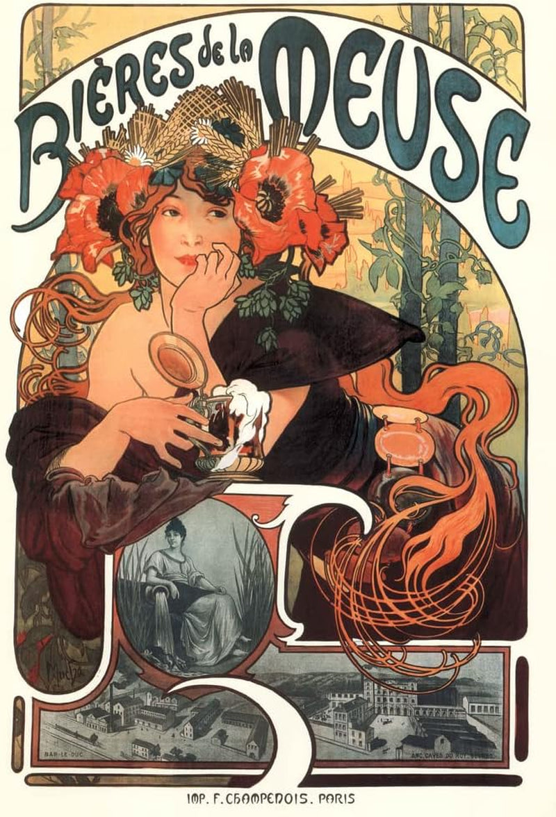 Alphonse Mucha Bieres De La Meuse Art Print Art Nouveau Vintage Beer Advertisement French France 1897 Poppies Wheat Hops Summer Seasons Cool Wall Art Print Poster 12X18
